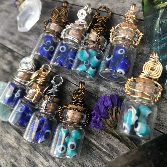 Evil Eye Protection Bottle Necklace Wire Wrapped - in Silver Wire - Picture 9 of 10